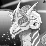  1:1 comic digital_media_(artwork) dragon embers feral glowing glowing_markings greyscale hair headshot_portrait hi_res horn looking_at_viewer male manga markings monochrome multicolored_body multicolored_scales open_mouth portrait prismanoodle_(artist) scales scalie short_hair simple_background solo teeth tongue two_tone_body two_tone_scales wings 