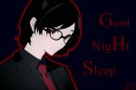  black-framed_eyewear black_hair black_shirt black_suit formal glasses highres ms.j.and necktie non-web_source original red_eyes red_tie scp_foundation shirt short_hair solo suit 