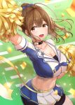  1girl ahoge aiban bike_shorts bike_shorts_under_skirt blush breasts cheering cheerleader cleavage collarbone colored_skin confetti crop_top floating_hair highres holding holding_pom_poms huge_ahoge idolmaster idolmaster_shiny_colors kuwayama_chiyuki large_breasts looking_at_viewer multicolored_skin navel outdoors outstretched_arm pom_pom_(cheerleading) ponytail smile solo two-tone_shirt two-tone_skin 