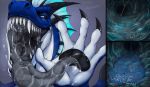  2022 absurd_res anthro artist_name black_claws black_horn black_sclera blue_body blue_frill bodily_fluids claws dated dragon fangs frill_(anatomy) front_view head_crest head_frill hi_res horn internal looking_at_viewer male mouth_shot narrowed_eyes open_mouth saliva saliva_on_tongue saliva_string santanahoffman scalie sharp_teeth simple_background solo stomach_acid teeth tongue tongue_out white_body white_eyes 