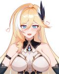  1girl :d absurdres armor bangs bare_shoulders bianka_durandal_ataegina bianka_durandal_ataegina_(palatinus_equinox) blonde_hair blue_eyes breasts earrings hair_ornament heart heart-shaped_pupils highres honkai_(series) honkai_impact_3rd jewelry large_breasts long_hair looking_at_viewer open_mouth power_man_(xy1950314788) simple_background smile solo symbol-shaped_pupils upper_body white_background 