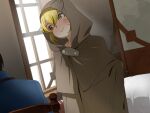  1boy 1girl argo_the_rat bed blonde_hair blue_jacket brown_coat brown_eyes chair coat facial_mark hood hood_up indoors jacket looking_at_another short_hair sitting smile solo_focus sword_art_online vogel_schwein whisker_markings window 