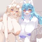  2022 absurd_res anthro areola big_breasts blue_eyes blue_hair blush bodily_fluids bra breasts brown_nose canid canine clothing dress duo eyebrow_through_hair eyebrows eyelashes female ginko0101 hair hi_res huge_breasts inverted_nipples kemono lily_mari long_hair looking_at_viewer mammal nipples open_mouth open_smile simple_background smile sweat sweatdrop tan_background translucent translucent_hair underwear white_hair 