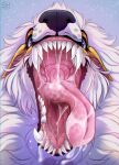  absurd_res ambiguous_gender artist_name black_nose blue_eyes bodily_fluids canid cheek_tuft ears_back facial_tuft fangs front_view fur glistening glistening_eyes hi_res looking_at_viewer mammal mouth_shot open_mouth pink_tongue pivoted_ears saliva saliva_on_tongue saliva_string santanahoffman sharp_teeth simple_background solo teeth tongue tuft white_body white_fur yellow_body yellow_ears yellow_fur 