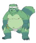  2022 4_toes 5_fingers anthro claws clothing crouching digital_media_(artwork) feet fingers fred_(fredrick_brennan) fur green_body green_fur hands_on_knees haruk000 hi_res japanese_text male mammal mouth_closed nipples overweight overweight_anthro overweight_male procyonid raccoon solo text toe_claws toes underwear 