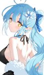  1girl absurdres ahoge bad_id bad_twitter_id bangs bare_back blue_hair darjeeling_(reley) elf flower from_behind fur_trim hair_between_eyes hair_flower hair_ornament halterneck heart heart_ahoge highres hololive light_blue_hair long_hair looking_at_viewer off_shoulder pointy_ears ponytail simple_background solo upper_body virtual_youtuber white_background yellow_eyes yukihana_lamy 