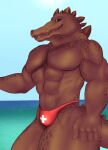  abs absurd_res alligator alligatorid anthro big_breasts black_eyes breasts brown_body cheetwunk clothing crocodilian hi_res lifeguard male muscular muscular_male reptile scales scalie sea solo speedo swimwear teeth thick_thighs water 