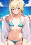  1girl absurdres bare_shoulders bikini black_ribbon blonde_hair blue_bikini blue_eyes breasts closed_mouth cowboy_shot day highres horizon long_hair long_sleeves looking_at_viewer navel ocean official_alternate_costume open_clothes open_shirt original outdoors ribbon senx shirt side-tie_bikini_bottom small_breasts solo stomach swimsuit thigh_strap undressing water white_shirt 