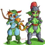  absurd_res armor big_breasts bikini_armor blue_body blue_skin bow_(weapon) breasts duo ear_piercing ear_ring female goblin green_body green_skin hair hi_res humanoid long_ears lukaerd melee_weapon nipple_piercing nipple_slip nipples orange_eyes orange_hair piercing purple_eyes ranged_weapon red_hair ring_piercing size_difference small_breasts sword terraria thick_thighs unconvincing_armor weapon 