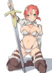  1girl armor bangs belt bikini bikini_armor blue_eyes boots boudica_(fate) breasts doushimasho eyebrows_hidden_by_hair fate/grand_order fate_(series) hair_between_eyes holding holding_sword holding_weapon kneeling large_breasts leg_belt looking_at_viewer ponytail red_hair short_hair simple_background smile solo spread_legs swimsuit sword thigh_boots weapon white_background 