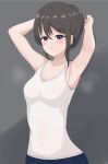  1girl arm_up armpit_focus armpits arms_behind_head blush embarrassed highres original presenting_armpit ryzeon shirt simple_background sleeveless sleeveless_shirt smell stained_clothes steam steaming_body sweat sweatdrop tank_top wet wet_clothes 