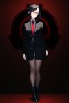  black-framed_eyewear black_footwear black_hair black_pantyhose black_skirt black_suit boots formal glasses highres ms.j.and necktie non-web_source original pantyhose red_eyes red_tie scp_foundation shirt short_hair skirt solo suit white_shirt 