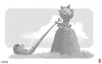  1other absurdres artist_name copyright_name den_(denwhat) grass grey_background highres holding holding_instrument instrument league_of_legends legends_of_runeterra monochrome sitting solo stone white_background 