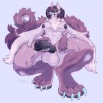  2022 4_toes anthro areola balls big_breasts birdpaw_(artist) black_areola black_eyes black_nipples black_penis black_tongue blue_background blue_claws blue_highlights bodily_fluids breasts canid canine claws digital_media_(artwork) dragon ear_tuft feet front_view fur furred_dragon genital_fluids genitals gynomorph hair hi_res highlights_(coloring) holding_own_penis holding_penis intersex leaking_precum light_body light_fur mammal neck_tuft nipples nude penis precum purple_balls purple_body purple_ears purple_fur purple_hair simple_background solo tail_tuft toes tongue tongue_out trans_(lore) trans_woman_(lore) tuft 