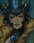  armor artist_logo black_sclera crown female gorget gwytch humanoid jewelry league_of_legends lips logo looking_at_viewer marine merfolk nami_(lol) necklace orange_eyes orange_lips portrait riot_games solo split_form video_games 