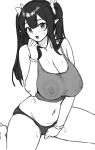  1girl bangs bare_shoulders blush bracelet breasts cleavage covered_nipples elf highres houtengeki jewelry large_breasts long_hair looking_at_viewer monochrome navel open_mouth original panties pointy_ears pussy_juice sitting sketch sleeveless thighs twintails underwear wariza 