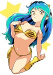  1girl animal_print bikini boots breasts brown_eyes green_hair highres horns legs_up long_hair lum navel oni oni_horns print_bikini print_footwear sameda_koban simple_background solo star_(symbol) strapless strapless_bikini swimsuit thighs tiger_print urusei_yatsura white_background yellow_bikini 