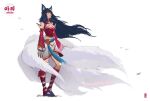  1girl absurdres ahri_(league_of_legends) animal_ears artist_name bangs belt black_footwear black_hair boots breasts cleavage den_(denwhat) detached_sleeves facial_mark fingernails fox_ears fox_girl fox_tail highres knee_boots kumiho large_breasts league_of_legends legends_of_runeterra long_hair long_sleeves looking_up multiple_tails parted_lips petals sharp_fingernails shiny shiny_skin shoes simple_background solo tail whisker_markings 