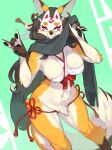  2022 absurd_res anthro biped breasts brown_body brown_fur canid canine crotch_tuft digital_media_(artwork) female fox fur green_background hi_res kame_3 mammal masked_fox_(kame_3) multicolored_body multicolored_fur navel orange_body orange_fur simple_background smile solo tuft white_body white_fur 