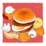 4others artist_name bird blush_stickers border burger character_name chick chicken chicken_nuggets commentary creature drooling egg_(food) english_text floating floating_object food food_focus fried_egg highres ketchup kimipiyo_(tenmiyakiyo) lettuce looking_up mochidako_(tenmiyakiyo) multiple_others on_food original oversized_food potato_wedges rabbit red_background sesame_seeds signature solid_circle_eyes symbol-only_commentary tenmiyakiyo tsubumaru_(tenmiyakiyo) usachii_(tenmiyakiyo) white_border 