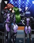  3girls absurdres ass asymmetrical_docking blue_hair breast_press breasts commission fortified_suit green_hair grey_eyes hair_behind_ear hands_on_hips hangar highres kashiwagi_haruko kazama_touko large_breasts long_hair looking_up mecha medium_breasts multiple_girls munakata_misae muvluv muvluv_alternative open_mouth pilot_suit popgun_(22882502) red_hair robot second-party_source short_hair skeb_commission sparkle tactical_surface_fighter type_94_shiranui yuri 