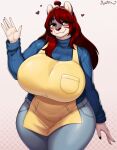  absurd_res anthro apron big_breasts bottomwear breasts clothing female hair hi_res huge_breasts mammal mature_female pants red_hair solo sophiathedragon sweater topwear 