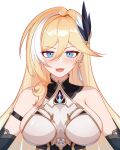  1girl :d absurdres armor bangs bare_shoulders bianka_durandal_ataegina bianka_durandal_ataegina_(palatinus_equinox) blonde_hair blue_eyes breasts earrings hair_ornament highres honkai_(series) honkai_impact_3rd jewelry large_breasts long_hair looking_at_viewer open_mouth power_man_(xy1950314788) simple_background smile solo upper_body white_background 