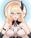  1girl :d absurdres armor bangs bare_shoulders bianka_durandal_ataegina bianka_durandal_ataegina_(palatinus_equinox) blonde_hair blue_eyes breasts earrings hair_ornament highres honkai_(series) honkai_impact_3rd jewelry large_breasts long_hair looking_at_viewer open_mouth power_man_(xy1950314788) simple_background smile solo upper_body white_background 