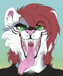  absurd_res anthro big_fangs black_clothing black_lips black_topwear bodily_fluids bust_portrait cheek_tuft clothed clothing colored_sketch facial_tuft fangs felid female front_view fur glistening glistening_eyes glistening_tongue green_eyes grey_body grey_fur hair hi_res inner_ear_fluff lips mammal mouth_shot open_mouth pink_nose pink_tongue portrait pupils red_hair saliva saliva_on_tongue saliva_string santanahoffman simple_background sketch slit_pupils solo tongue tongue_out topwear tuft unsigned white_body white_fur white_inner_ear_fluff 