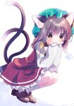  1girl :o animal_ears brown_eyes brown_hair cat_ears cat_girl cat_tail chen earrings fukaya_rin full_body green_headwear hat highres jewelry looking_at_viewer mob_cap multiple_tails nekomata simple_background solo squatting tail tail_raised touhou two_tails white_background 