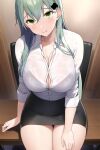  1girl aqua_hair black_skirt blush breasts cleavage collarbone green_eyes hair_ornament hairclip highres kantai_collection large_breasts long_hair looking_at_viewer office_lady pencil_skirt seat sidelocks sitting skirt smile solo suzuya_(kancolle) table ton_ton_tontoro wide_hips 