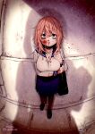  2girls artist_name bag bags_under_eyes blood blood_on_cheek blood_on_clothes blood_on_hand blue_eyes blue_sailor_collar blue_skirt breasts cleavage collarbone commentary dated female_pov highres hogerarara kotobuki_hisako large_breasts looking_at_viewer michinoku_komaro multiple_girls nosebleed parted_lips pink_hair pleated_skirt pov pov_shadow sailor_collar school_bag school_uniform seitokai_ni_mo_ana_wa_aru! serafuku shadow shirt skirt sleeveless solo_focus standing twitter_username white_shirt 