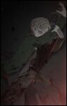  1boy 2025 blonde_hair blood blood_on_wall blood_on_weapon commentary_request covered_mouth crack cracked_wall great_knife green_jacket grey_background holding huge_weapon jacket james_sunderland kuso_500t one_eye_covered silent_hill_(series) silent_hill_2 weapon 