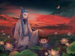  2boys ao_bing_(nezha_zhi_motong_jiangshi) arm_behind_back blue_eyes blue_hair chinese_clothes chui_liu cloud commentary_request crescent_moon double_bun dragon_horns facial_mark fireflies flower forehead_mark forked_eyebrows grimace hair_bun hanfu highres horns lily_pad long_hair long_sleeves lotus male_focus moon multiple_boys nezha_(nezha_zhi_motong_jiangshi) nezha_zhi_motong_jiangshi night outdoors parted_lips red_eyes red_sky seigaiha sky topknot very_long_hair wading 
