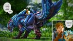 16:9 2026 3d_(artwork) 4k absurd_res ambiguous_gender armor big_butt blender_(artwork) blender_cycles_(artwork) blue_body blue_eyes blue_scales brown_hair butt capcom claws clothed clothed_feral clothing detailed_background digital_media_(artwork) english_text eyewear fanged_wyvern fangs featureless_crotch feet female_(lore) feral flower foot_focus glasses grass green_eyes group hair headgear hi_res human ivorylagiacrus looking_at_viewer looking_back looking_back_at_viewer lunagaron male mammal monster_hunter monster_hunter_stories monster_hunter_stories_3:_twisted_reflection mount mount/rider_relations open_mouth outside pawpads paws plant presenting presenting_hindquarters pubic_boot raised_leg raised_tail red_claws red_fangs rudy_(monster_hunter) saddle scales scalie smile smirk smirking_at_partner speech_bubble straps suggestive suggestive_pose tail teeth text thick_thighs thinking toe_claws tree unconvincing_armor widescreen yellow_eyes