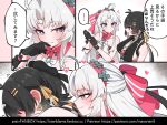  2girls ahoge assertive_female black_bow black_gloves black_hair blue_eyes blush bow breasts carlotta_(wuthering_waves) closed_mouth commentary_request cropped earrings female_rover_(wuthering_waves) gloves hair_bow hair_ribbon hairband hand_up heart jewelry large_breasts long_hair looking_at_another low_ponytail medium_breasts multiple_girls naughty_face no_jacket paid_reward_available parted_bangs parted_lips pink_bow pink_hairband ponytail ribbon rover_(wuthering_waves) smile starblame striped_bow translation_request triangle_earrings web_address white_hair wuthering_waves yellow_ribbon yuri 