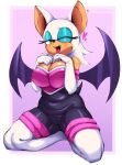 anthro armwear bat bat_wings big_breasts big_ears black_bodysuit black_clothing black_nose black_skinsuit blue_eyeshadow bodysuit boots border breasts camel_toe cleavage clothed clothing deep_navel elbow_gloves eyeshadow female footwear front_view fur gloves gradient_background green_eyes handwear heart_symbol hi_res huge_breasts knee_boots knee_highs kneeling legwear lipstick looking_at_viewer makeup mammal membrane_(anatomy) membranous_wings mobi_mobi navel navel_outline nipple_outline one_eye_closed open_mouth open_smile orange_body orange_fur overweight overweight_anthro overweight_female pink_background pink_lipstick purple_background purple_wings rouge_the_bat sega shoes simple_background skinsuit slightly_chubby smile snaggle_tooth solo sonic_the_hedgehog_(series) thick_thighs tight_clothing white_body white_boots white_border white_clothing white_footwear white_fur white_gloves white_handwear wide_hips wings wink winking_at_viewer