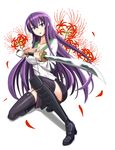  black_legwear blue_eyes boots breasts busujima_saeko flower garter_straps highschool_of_the_dead katana knee_boots lace lace-trimmed_thighhighs large_breasts long_hair macha purple_hair school_uniform solo spider_lily sword thighhighs weapon zettai_ryouiki 