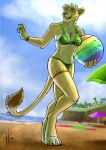 2018 anthro arm_tuft bikini butt_tuft cheek_tuft clothed clothing dated facial_tuft felid female female_anthro front_view fur green_bikini green_clothing green_eyes green_swimwear hi_res holding_beach_ball hufnaar leg_tuft lion looking_at_viewer mammal o-ring o-ring_bikini pantherine shoulder_tuft slim_anthro slim_female smile solo standing swimwear tail tail_tuft tuft two-piece_swimsuit yellow_body yellow_fur yellow_tail