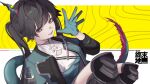  1girl absurdres arknights arknights:_endfield armor black_hair blue_gloves blue_jacket chen_qianyu_(arknights) clothes_writing commentary_request copyright_name elevation_contour_lines endfield_industries_logo gloves hand_up highres horns jacket knee_armor kokawaaokawa long_hair long_sleeves looking_at_viewer open_clothes open_jacket open_mouth partial_commentary shirt smile solo tail twintails waving white_shirt yellow_eyes zipper 