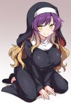  1girl alternate_costume arms_between_legs black_dress black_shoes blonde_hair blush breasts brown_background closed_mouth commentary dress gradient_background gradient_hair highres hijiri_byakuren korra_down large_breasts long_hair long_sleeves looking_at_viewer multicolored_hair nun nun_headdress purple_hair seiza shoes sitting solo touhou very_long_hair yellow_eyes 