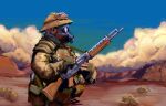  1other ammunition_pouch assault_rifle banoncat blue_sky bulletproof_vest cloud cloudy_sky commentary desert fallout fallout:_new_vegas fingerless_gloves gas_mask gloves goggles goggles_on_headwear gun helmet highres italian_text magazine_(weapon) mask ncr_trooper new_california_republic pouch rifle sky stoner_63 weapon 