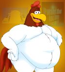 anthro avian bird chicken feathers foghorn_leghorn galliform hands_on_hips hi_res looney_tunes male meme obese open_mouth orange_background overweight phasianid pose pt80s0up simple_background solo standing tongue warner_brothers white_body white_feathers