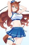  1girl absurdres animal_ears armpit_hair arms_up bare_shoulders blue_skirt blush breasts brown_hair dixie_cup_hat ears_through_headwear green_eyes hair_between_eyes hat highres horse_ears horse_girl horse_tail large_breasts long_hair looking_at_viewer maruzensky_(umamusume) midriff military_hat navel nitsutomeo_shinobu official_alternate_costume open_mouth pacific_racing_team race_queen skirt smile solo sports_bra tail thigh_strap thighhighs umamusume white_sports_bra white_thighhighs wristband 