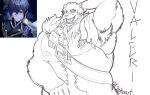 anthro armpit_hair bear black_and_white body_hair genshin_impact gioka_(artist) hi_res line_art male mammal mihoyo monochrome nipple_piercing nipples overweight piercing solo text valeri_(genshin_impact)
