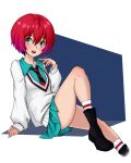  1girl amate_yuzuriha aqua_eyes aqua_shirt aqua_skirt azurdraws black_boots blush boots collared_shirt commentary diagonal-striped_clothes diagonal-striped_necktie eyelashes foot_out_of_frame gundam gundam_gquuuuuux hair_between_eyes highres long_sleeves necktie open_mouth red_hair red_necktie shirt short_hair single_sleeve_past_wrist sitting skirt smile socks solo striped_clothes striped_necktie sweater teeth twitter_username two-tone_necktie upper_teeth_only white_socks white_sweater 
