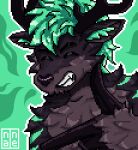 2026 anthro antlers artist_logo black_body black_eyebrows black_fur chest_tuft deer digital_media_(artwork) eyebrows eyes_closed fur green_background green_body green_fur green_hair hair hi_res horn inner_ear_fluff logo male mammal nane_(nanethedeer) nanethedeer outline pixel_(artwork) simple_background smile smirk solo tuft white_outline