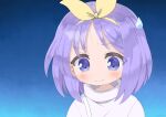  1girl absurdres blue_background blue_eyes blush closed_mouth comedic_sweatdrop commentary confused english_commentary gradient_background hairband highres hiiragi_tsukasa looking_down lucky_star nakobon portrait purple_hair short_hair simple_background solo sweater turtleneck turtleneck_sweater white_sweater yellow_hairband 