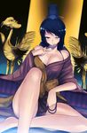  bare_shoulders beads black_hair breasts cleavage copyright_request hat japanese_clothes kasai_shin kimono large_breasts long_legs one_eye_closed prayer_beads sitting solo 