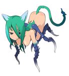  all_fours animal_ears aqua_hair ass breasts cat_ears copyright_request hair_over_one_eye insect_girl long_hair lowres medium_breasts monster_girl multiple_legs nanashin no_nipples nude smile solo spider_girl tail 